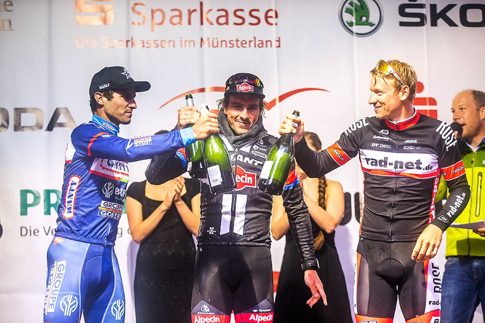 Roy Jans, John Degenkolb and Pascal Ackermann celebrate on the Sparkassen M&uuml;nsterland Giro podium