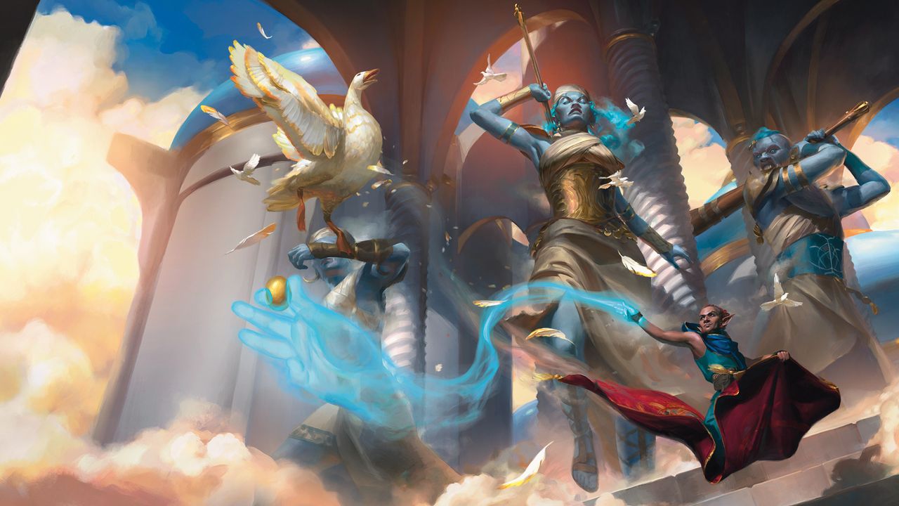 Multiple Storm Giants stand in a grand hall, while a wizards seizes a golden goose in Bigby Presents: Glory of the Giants