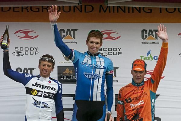 Stage four podium (l-r): Richard Lang (2nd,Jayco/Skins), Brendan Brooks (1st,Shortis.com.au), and Ben Grenda (3rd,Genesys Wealth Advisers).