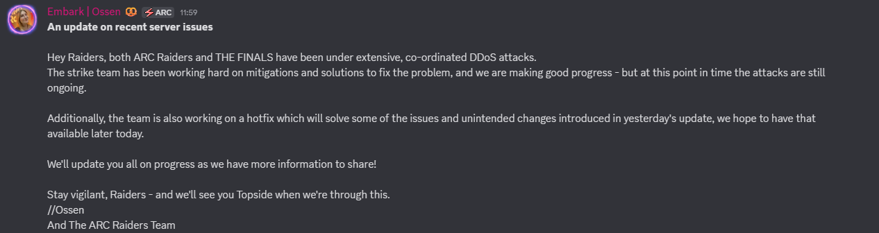 Arc Raiders discord screenshot