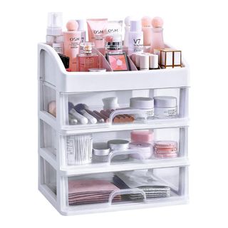 Simbuy Makeup Organizer With 3 Drawers, Bathroom Vanity Countertop Storage for Cosmetics, Brushes, Lotion, Nail Lipstick and Jewelry (white)