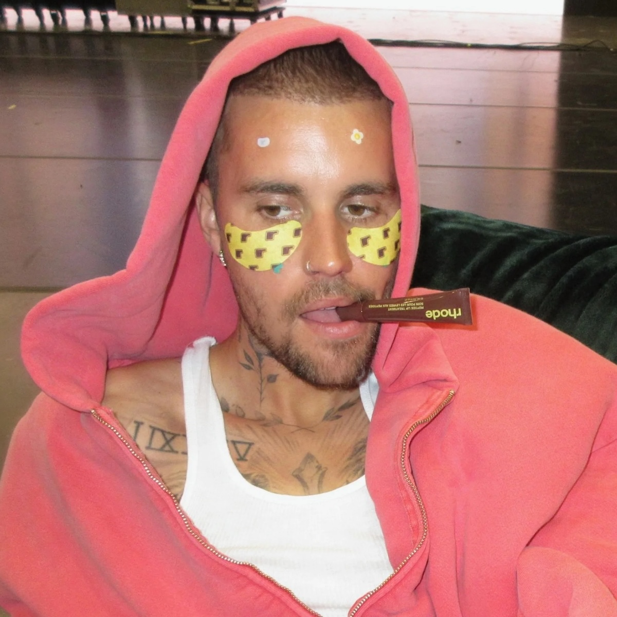 Justin Bieber with Rhode's Peptide Lip Treatment in Caramelized Banana.