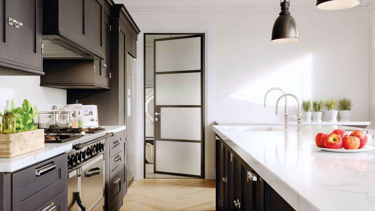 Glazed internal doors with frosted glass in kitchen with black frame