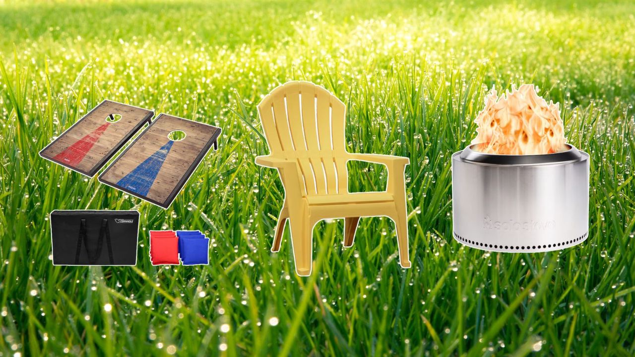 Lowe&#039;s SpringFest 2024 sale items including corn hole, an Adirondack chair, and a fire pit on a grassy green springtime background