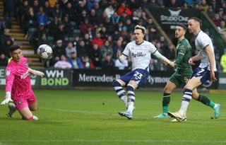 Preston North End's Liam Millar misses a first half chance during the Sky Bet Championship match between Plymouth Argyle and Preston North End at Home Park on March 16, 2024 in Plymouth, England.(Photo by Rob Newell - CameraSport via Getty Images)