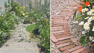 collage of two gardens showing sustainable materials used as hard landscaping