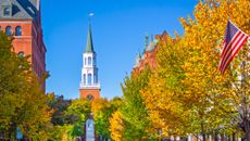 October 18, 2024 - Burlington, Vermont: Autumn view with fall colors looking toward the northern end of Church Street Marketplace toward the church of the First Unitarian Universalist Society of Burlington, Vermont, USA.