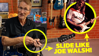 Brett Garsed playing slide with an image of Joe Walsh