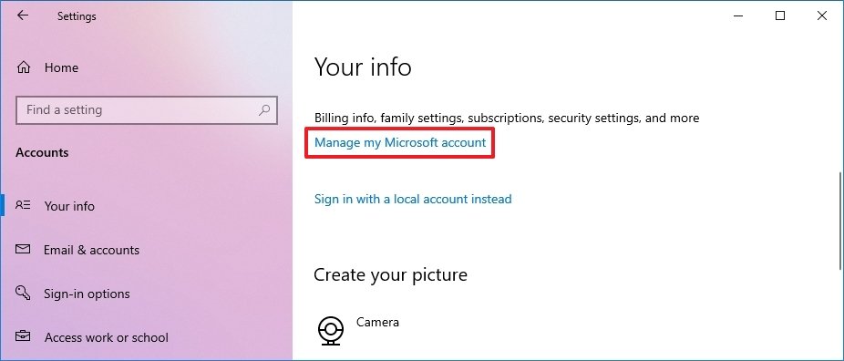 Manage my Microsoft account option