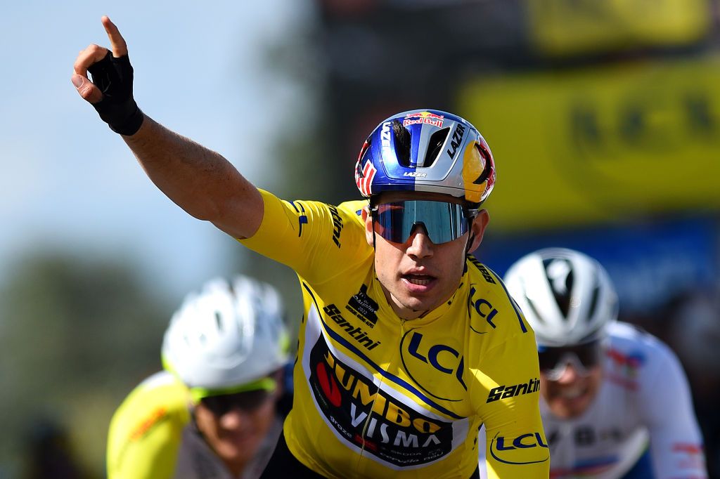 CHAINTRE FRANCE JUNE 09 Wout Van Aert of Belgium and Team Jumbo Visma Yellow Leader Jersey celebrates winning during the 74th Criterium du Dauphine 2022 Stage 5 a 1623km stage from ThizylesBourgs to Chaintr WorldTour Dauphin on June 09 2022 in Chaintre France Photo by Dario BelingheriGetty Images