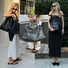 A collage of images of Eliza Huber wearing Bottega Veneta Smooth Leather bags, including the Hop, Liberta, and Andiamo. 