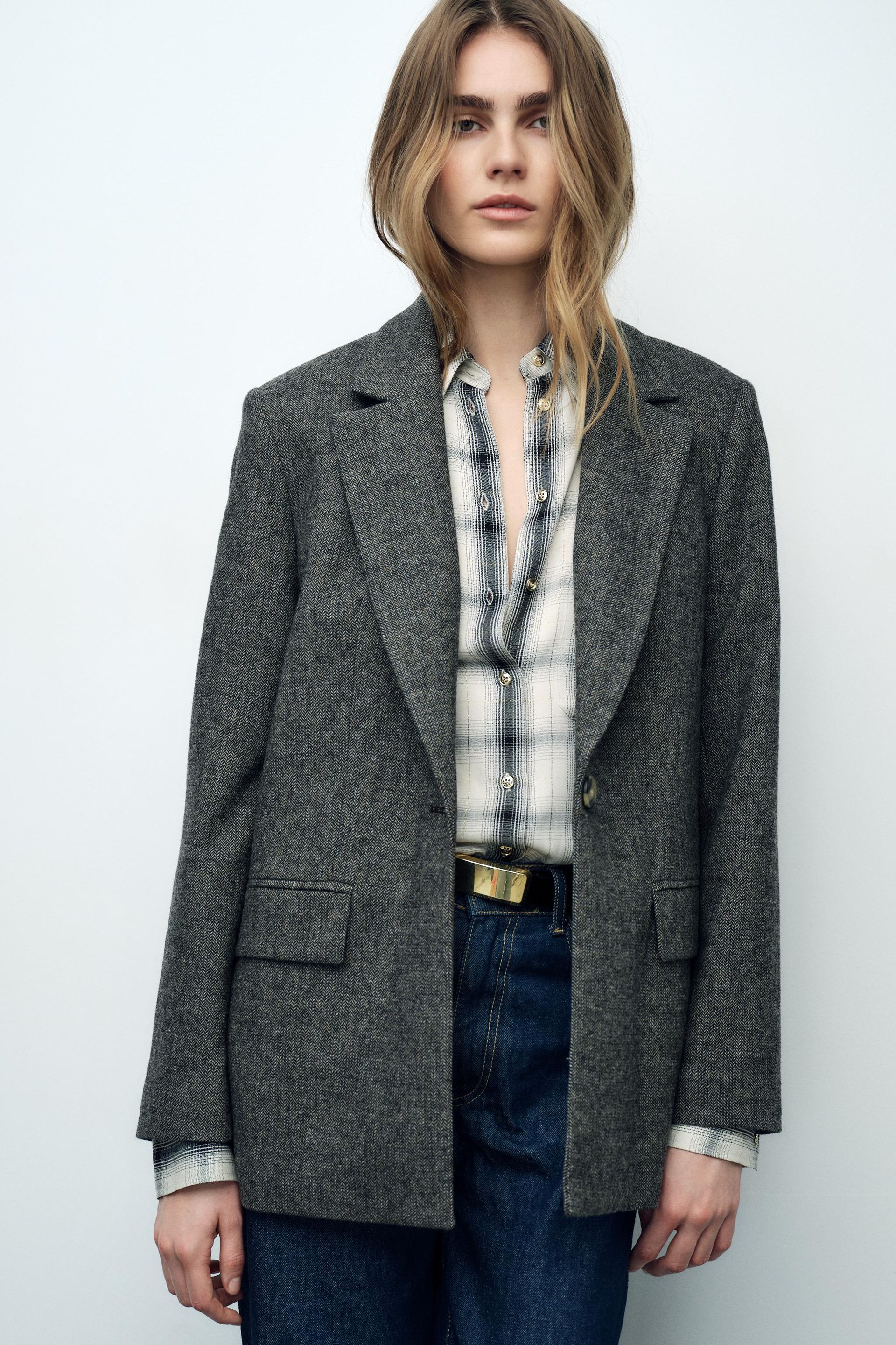 Straight Cut Wool Blend Herringbone Blazer