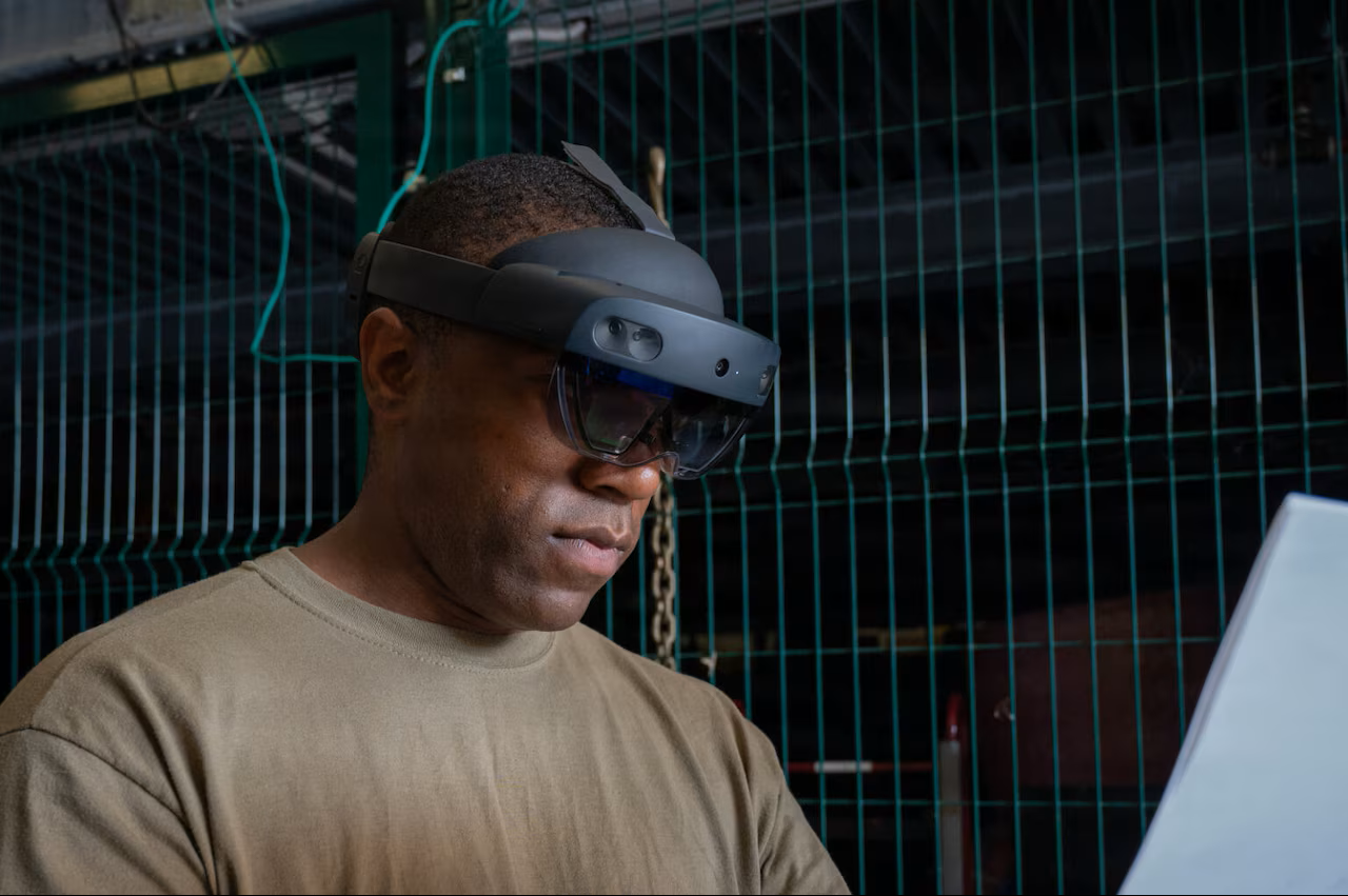 A service member participates in a joint cargo inspection using the HoloLens augmented reality headset in Vicenza, Italy, Aug. 26, 2025.