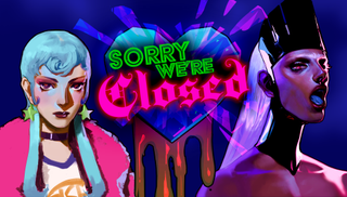 Sorry We're Closed review' a woman in short blue hair, in a pink fluffy coat and a demon lady