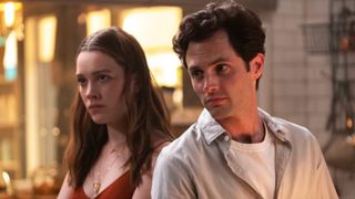 Victoria Pedretti and Penn Badgley in You