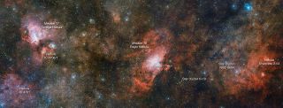 An annotated version of a new image from the European Southern Observatory's VLT Survey Telescope shows many of the nebulas and star clusters on the borders of the constellations Sagittarius and Serpens.
