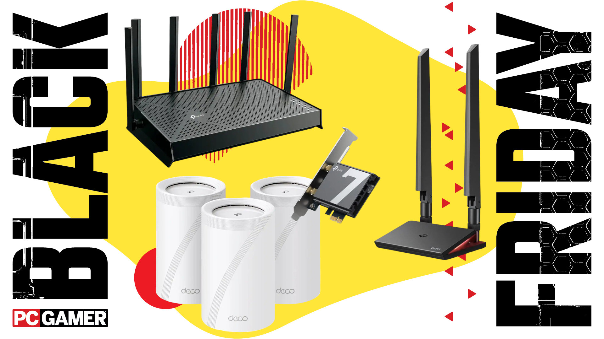 A collage of TP-Link wireless networking devices against a colorful background, with a set of Black Friday and PC Gamer logos on the sides