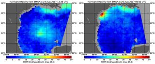 Ocean surface wind speeds as imaged by NASA's Soil Moisture Active Passive (SMAP) satellite on Aug. 24 and Aug. 26. Red indicates highest wind speed.