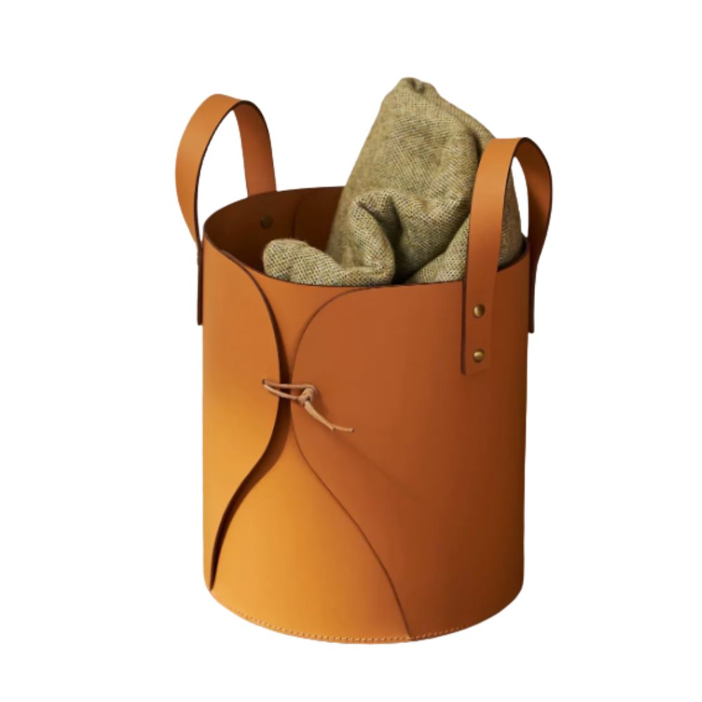 tan leather storage basket