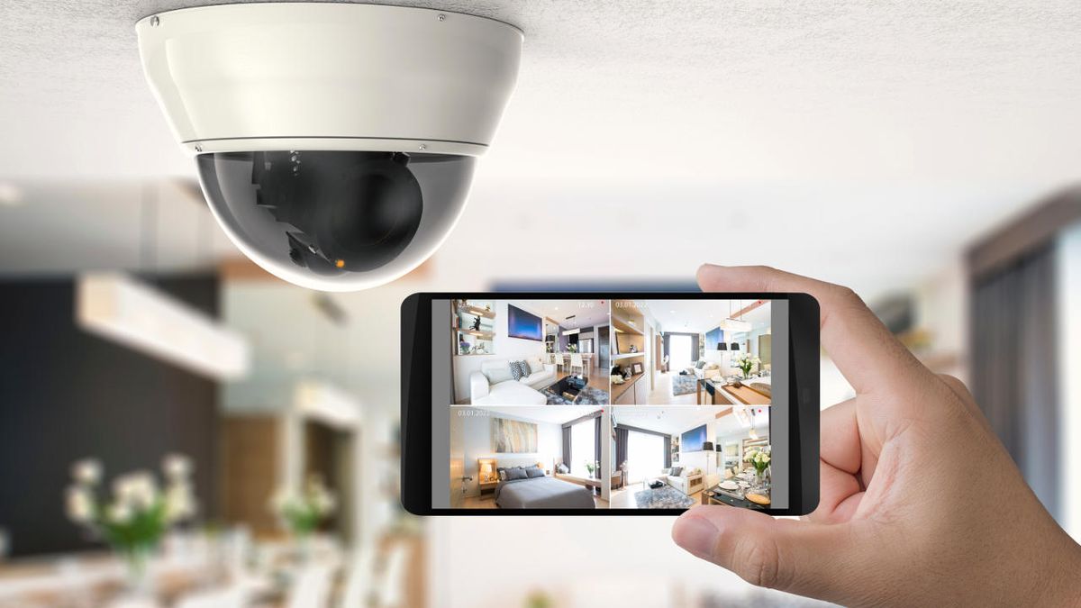 Security camera mounted in ceiling