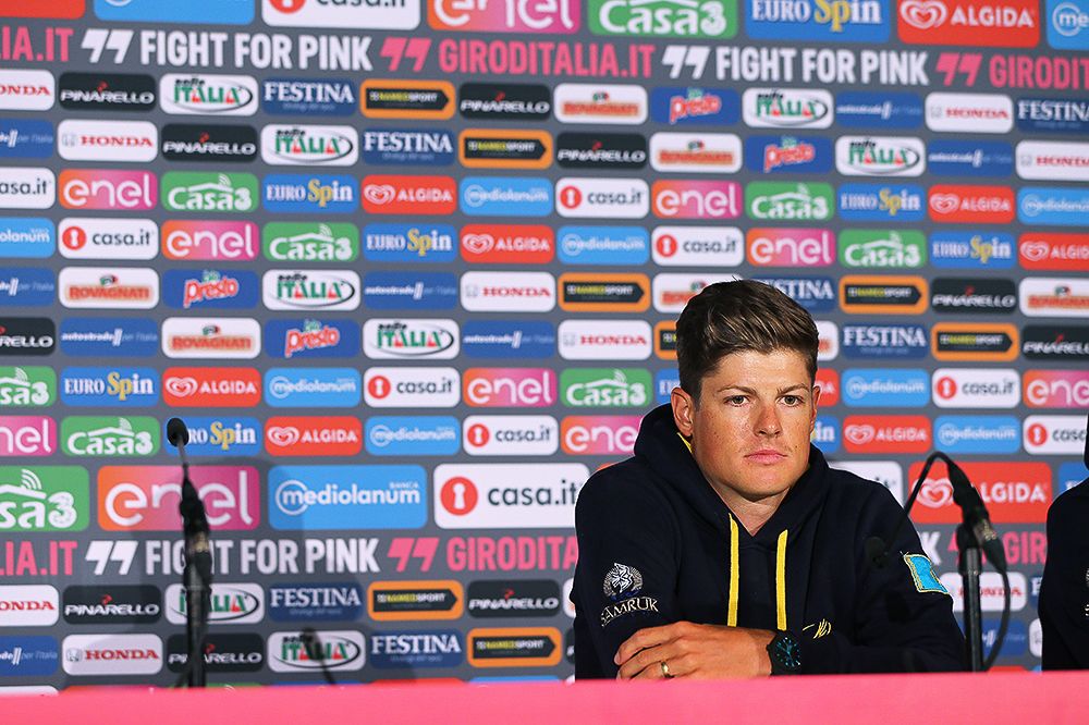 Jacob Fuglsang listens to a question at the Astana press conference.