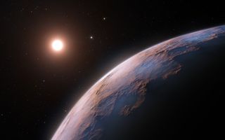 This artist's impression shows a close-up view of Proxima d, a planet candidate recently found orbiting the red dwarf star Proxima Centauri, the closest star to our solar system. The planet is believed to be rocky and to have a mass about a quarter that of Earth. Two other planets known to orbit Proxima Centauri are visible in the image, too: Proxima b, a planet with about the same mass as Earth that orbits the star every 11 days and is within the habitable zone, and candidate Proxima c, which is on a five-year orbit around the star.