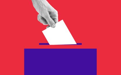 An image of someone voting. A hand drops the vote into the ballot box.