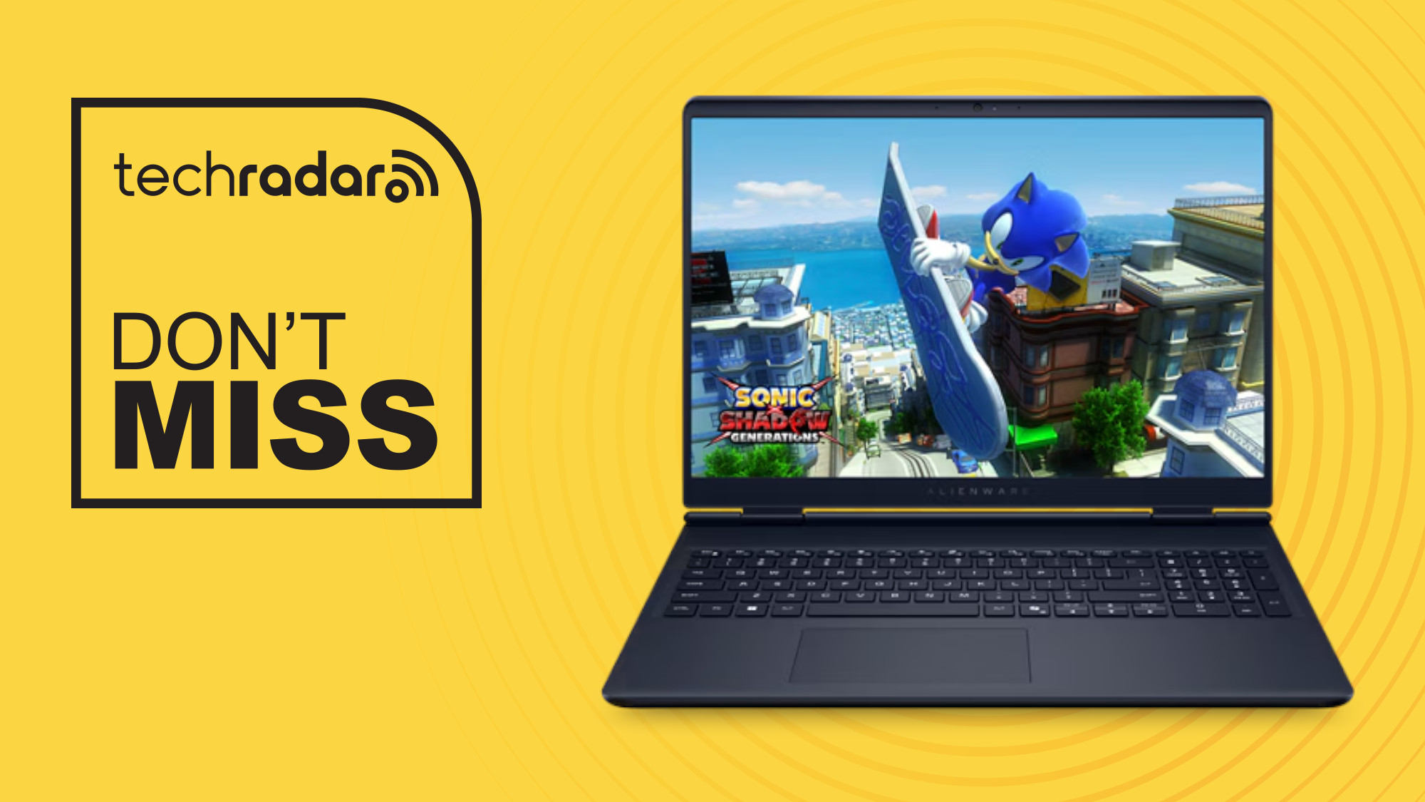 Alienware aurora 16 on yellow background with don't miss text overlay
