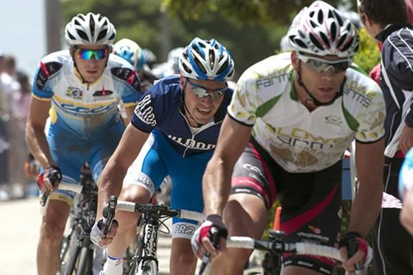 Mitch Docker (centre) from Victoria is riding for the Blood Hyundai team during the series but will later resume duties with his Skil Shimano outfit overseas.