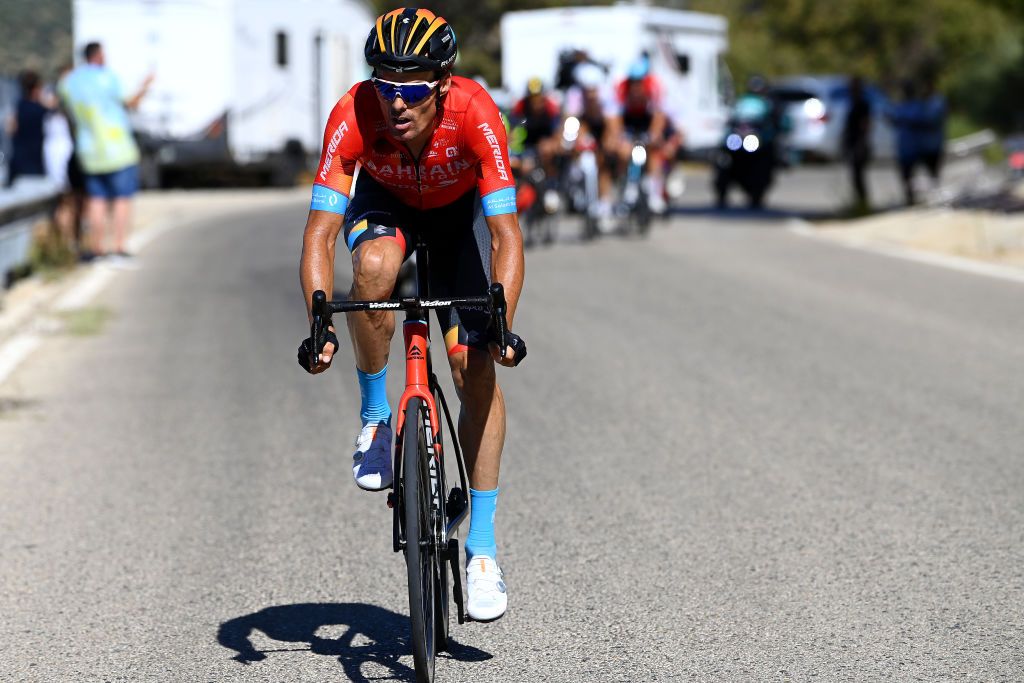 SIERRA DE LA PANDERA SPAIN SEPTEMBER 03 Luis Leon Sanchez Gil of Spain and Team Bahrain Victorious competes in the breakaway during the 77th Tour of Spain 2022 Stage 14 a 1603km stage from Montoro to Sierra de La Pandera 1815m LaVuelta22 WorldTour on September 03 2022 in Sierra de La Pandera Spain Photo by Tim de WaeleGetty Images