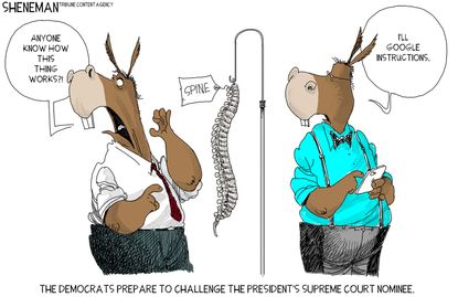 Political Cartoon U.S. Democrats Trump Supreme Court nominee Brett Kavanaugh spine