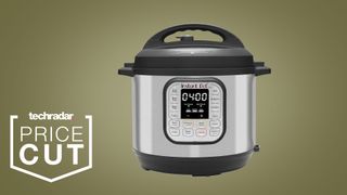 An Instant Pot Duo on a green background 