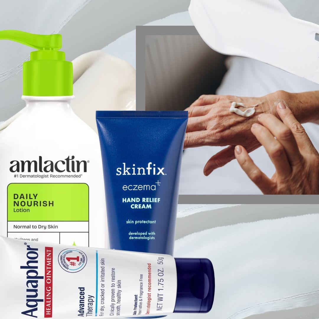 collage of dry hand treatments and a woman applying moisturizer