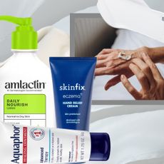 collage of dry hand treatments and a woman applying moisturizer