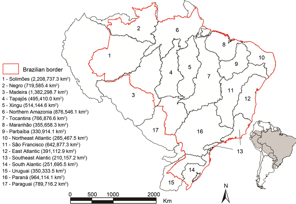 Map showing hydrological regions in Brazil.