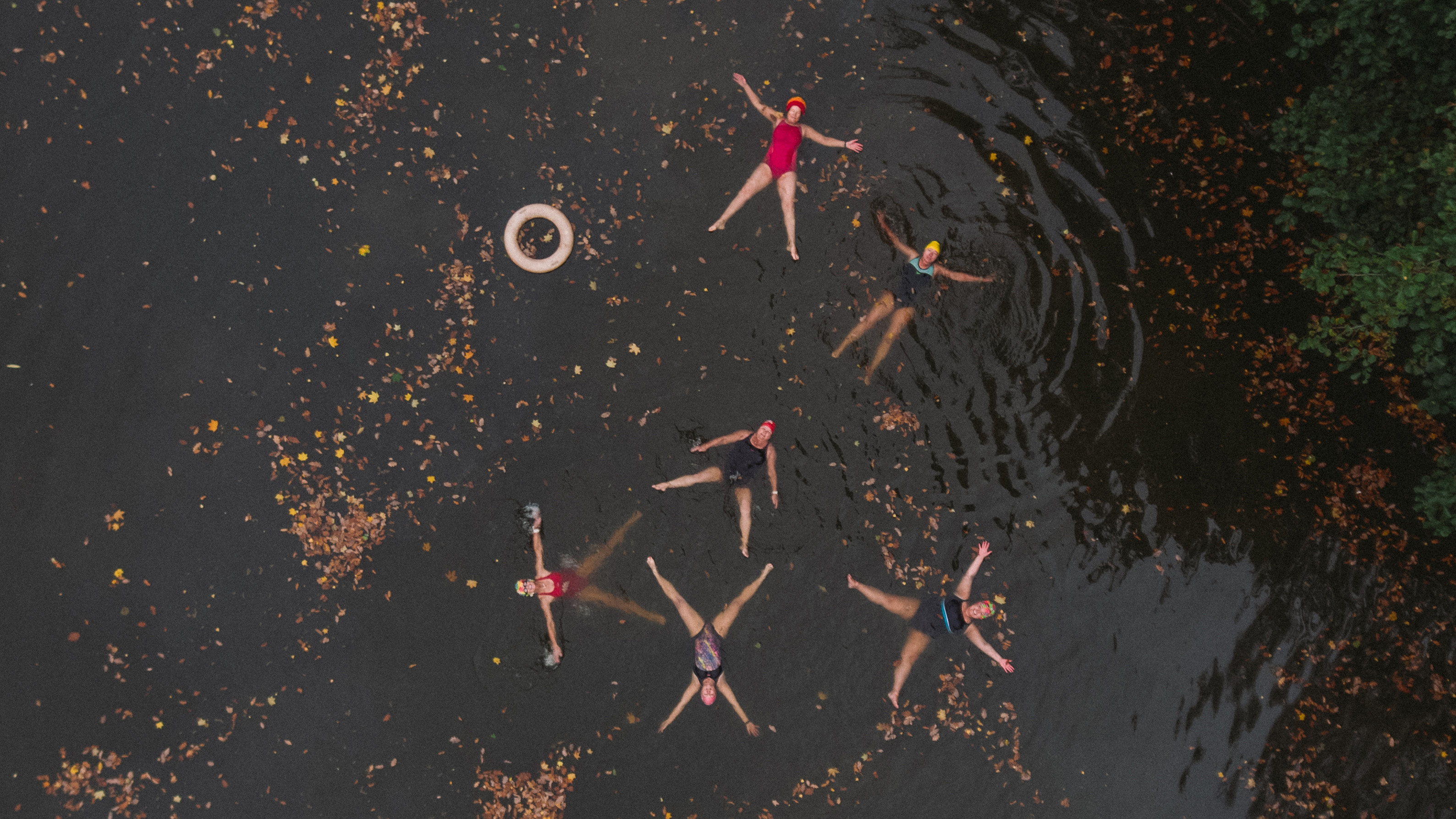 Aerial photograph of six woman swimming on their backs in Hampstead Heath ponds