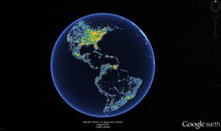 Light pollution shown for the Americas using data from the newly released world atlas of artificial night-sky brightness.