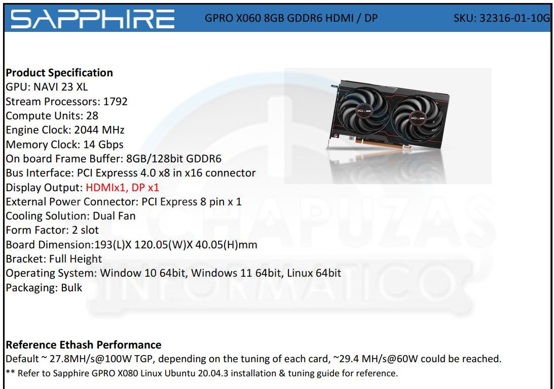 Product sheets and shots for the Sapphire X080 and X060 as shared by El Chapuzas Inform&aacute;tico