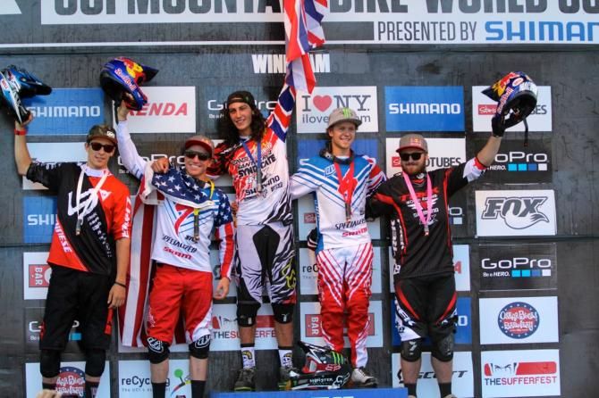 The elite men's downhill podium at the Windham World Cup
