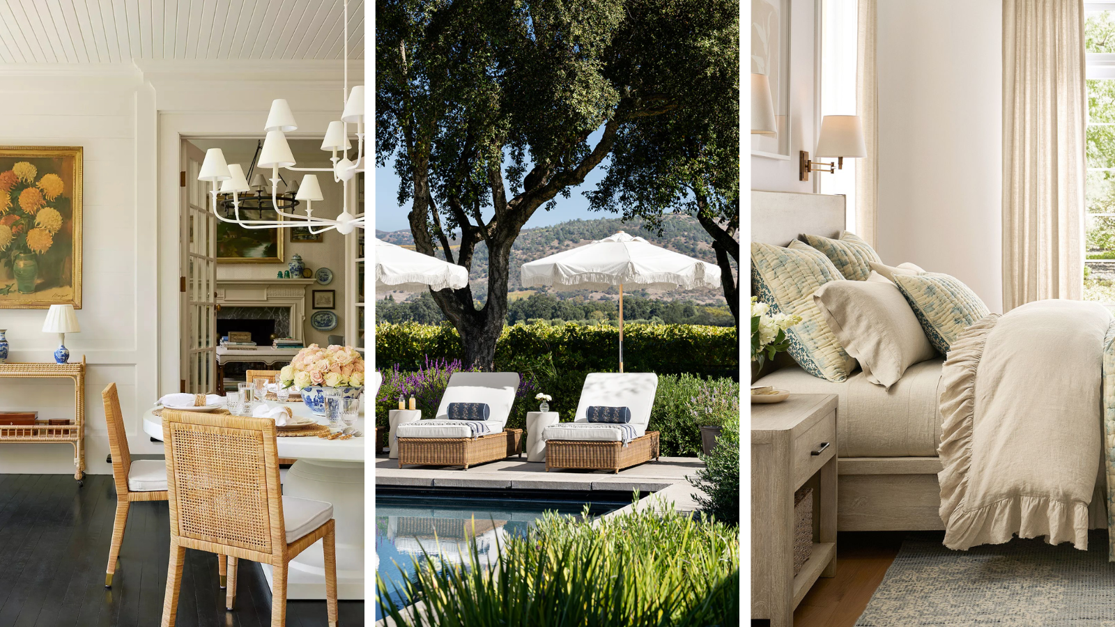three home scenes of a dining room, a poolside, and a bedroom