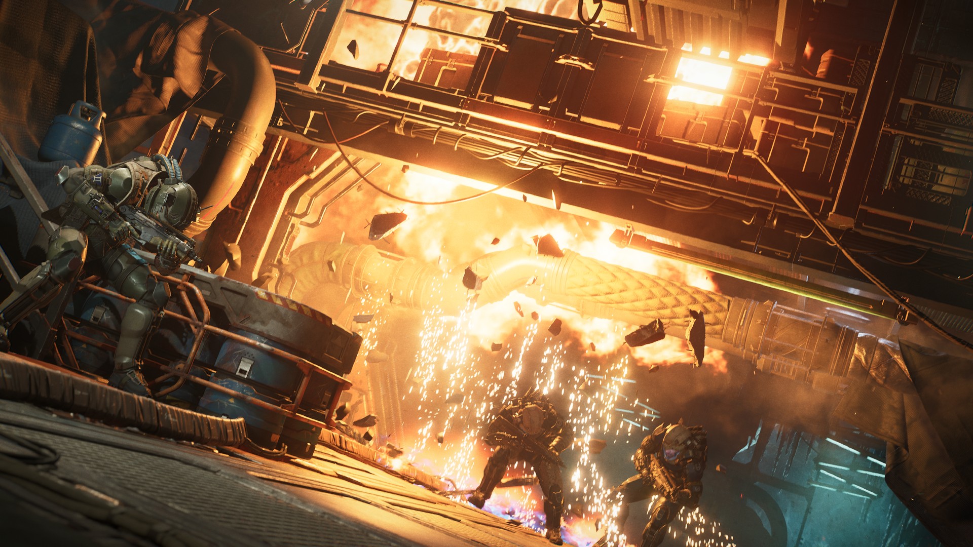An explosion erupts in a space station hallway in The Expanse: Osiris Reborn