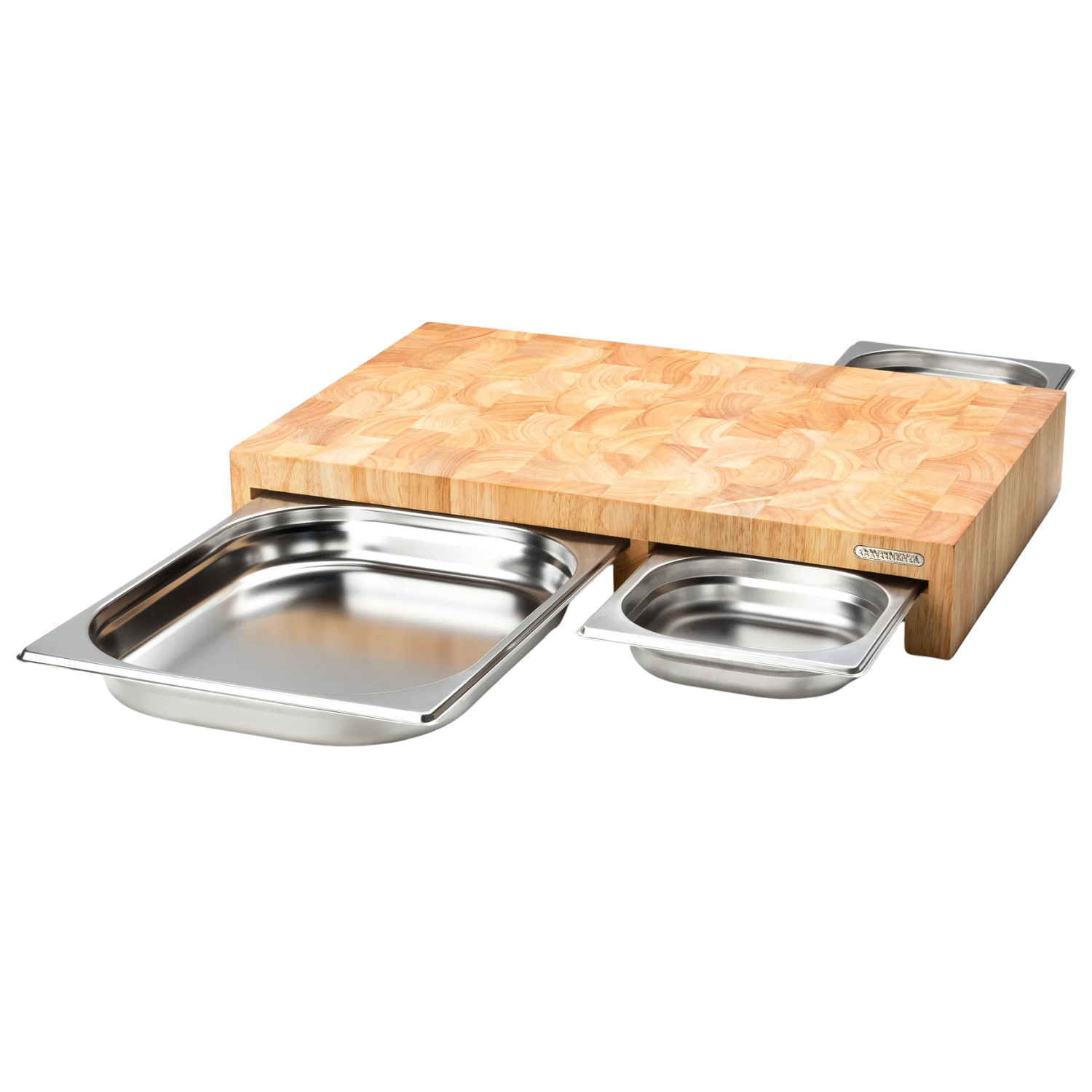 A cutting board with three metal trays