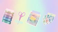 Four scrapbooking supplies on a pastel rainbow background