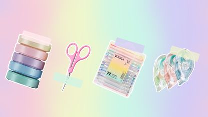 Four scrapbooking supplies on a pastel rainbow background