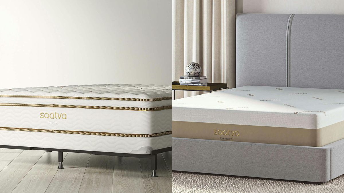 The Saatva Classic Mattress on a sinple bed base (left) and a Saatva Contour5 Mattress on an upholstered bed frame