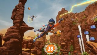 Revenge of the Savage Planet screenshot which displays two characters flying through the air in co-op