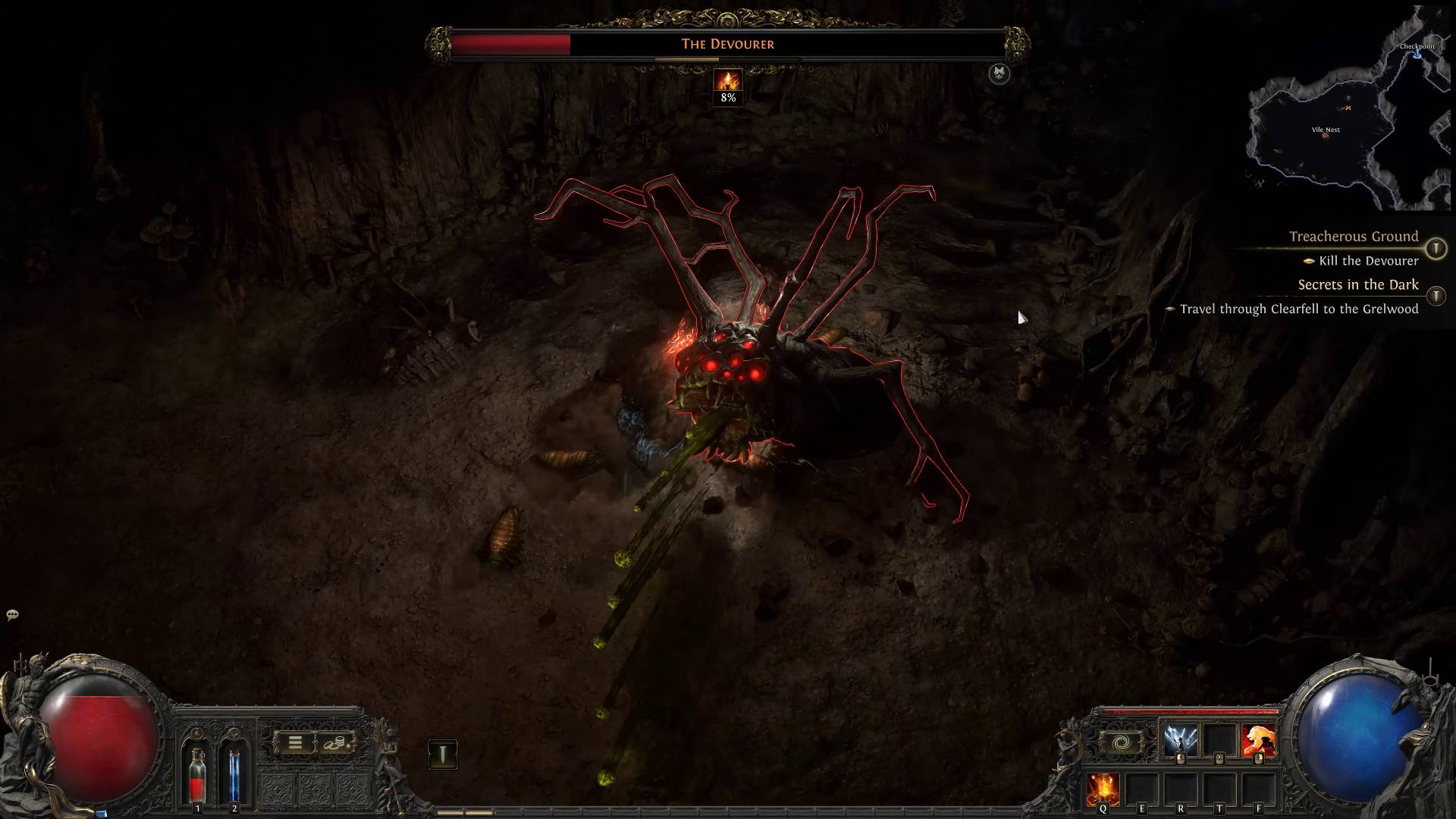 Path of Exile 2 Devourer boss spitting acid projectiles out its mouth at player