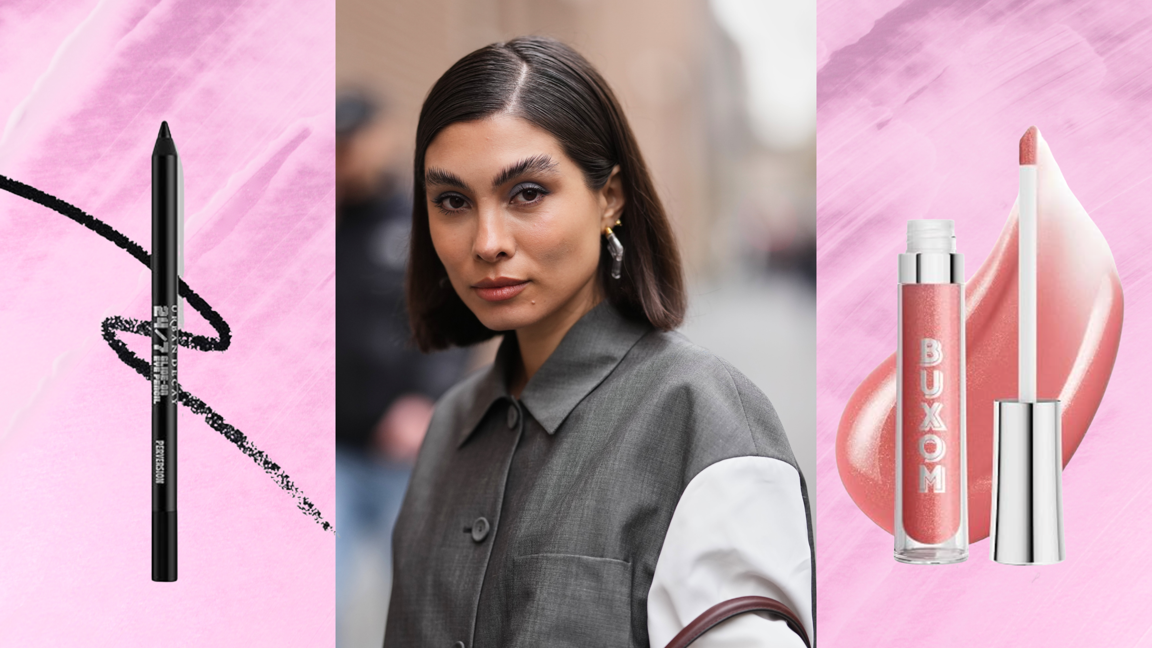 A woman with short, chin-length hair and eye makeup is wearing a leather long sleeve shirt. She is next to a tube of lip gloss and black eyeliner. 