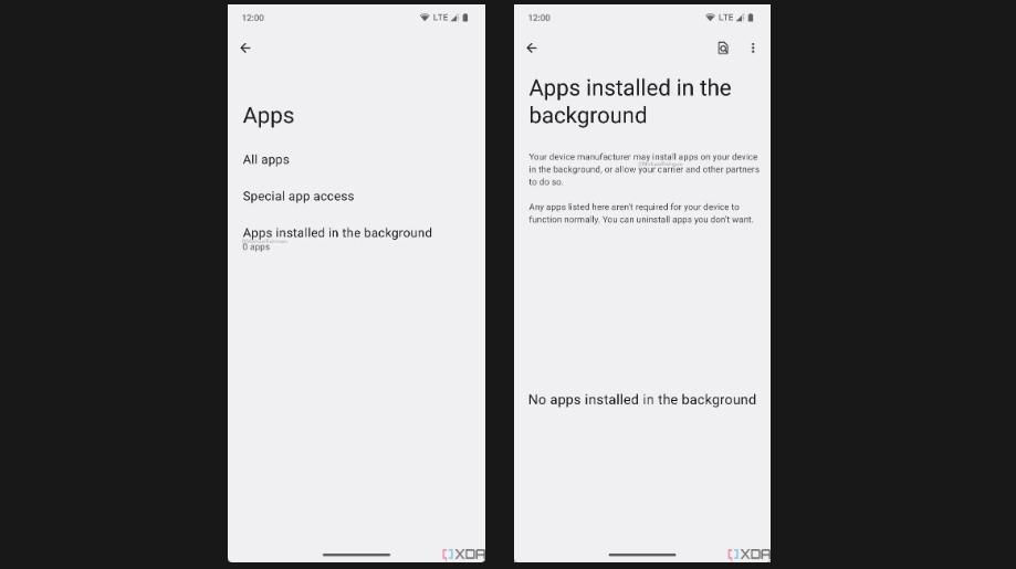 Screenshots of apps installed in the background on Android 14
