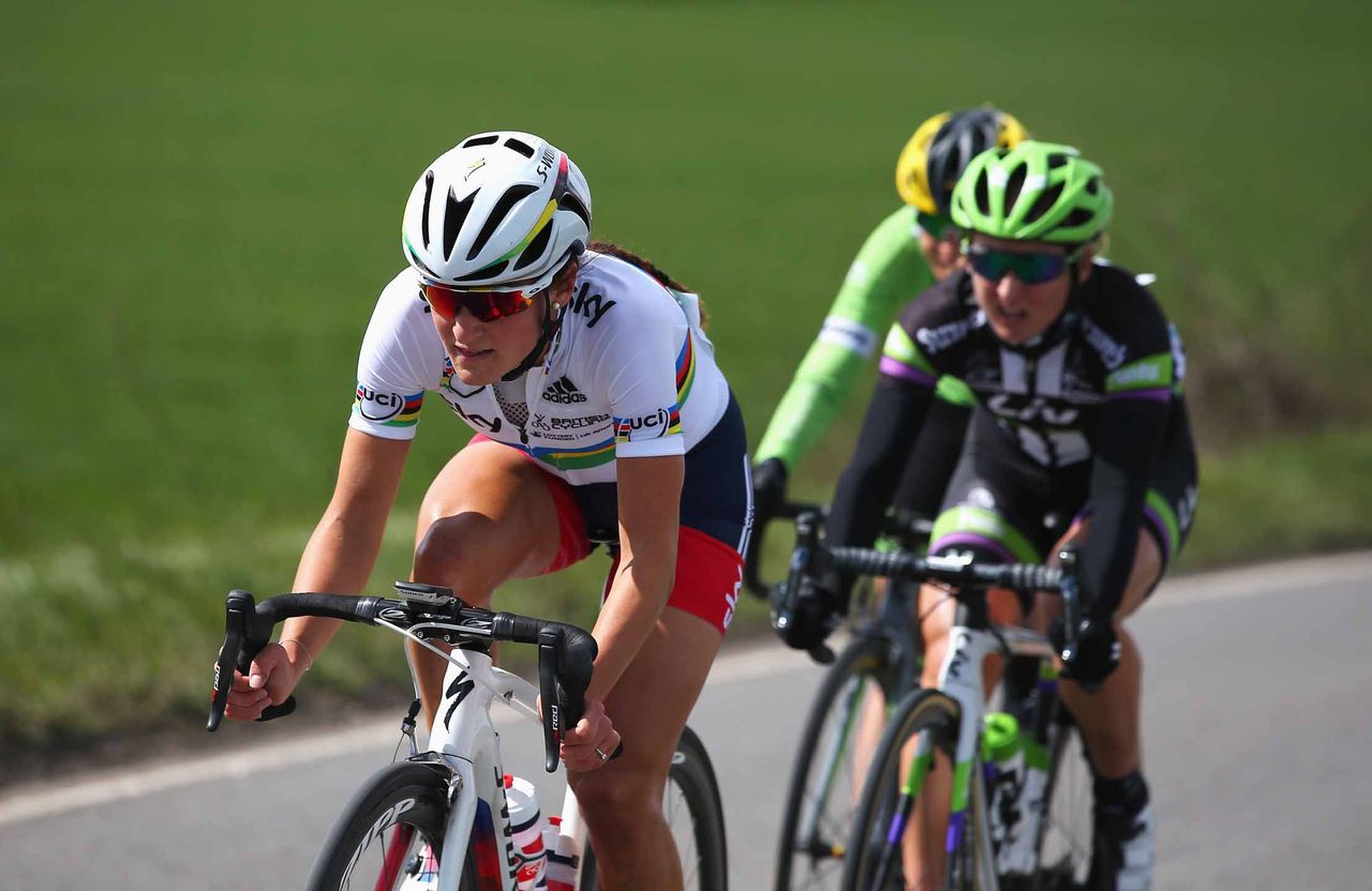 Lizzie Armitstead was joined by Leah Kirchmann and Doris Schweizer (Cylance) in the break at the Women's Tour de Yorkshire.